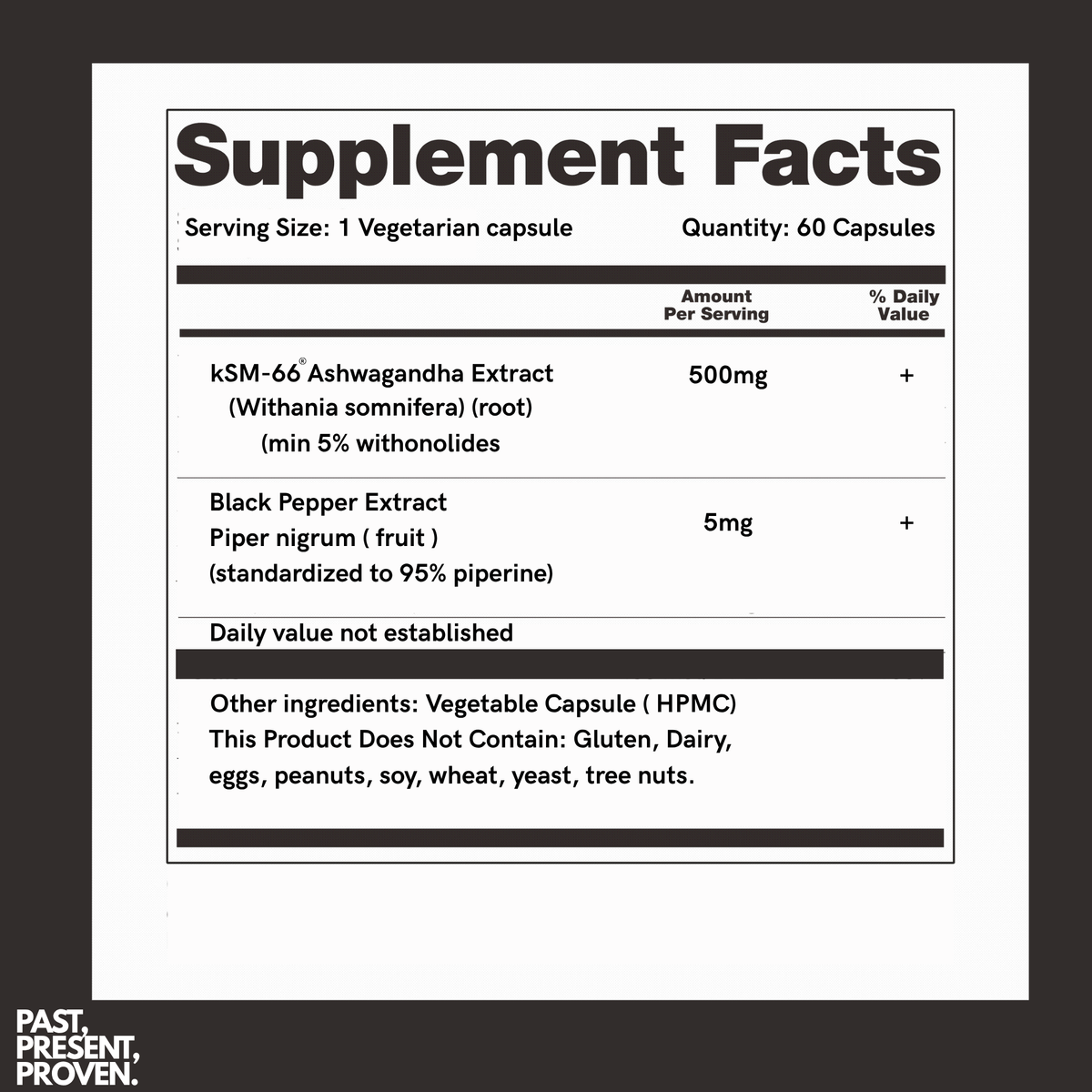 Wellproven KSM66 Ashwagandha 500mg capsules supplement facts label showing Ashwagandha root extract, 5% withanolides, 5mg black pepper extract and 60 vegetarian HPMC capsules.
