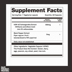 Wellproven KSM66 Ashwagandha 500mg capsules supplement facts label showing Ashwagandha root extract, 5% withanolides, 5mg black pepper extract and 60 vegetarian HPMC capsules.