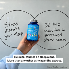 Wellproven Ashwagandha KSM-66 500mg capsules held before a whiteboard highlighting stress relief, sleep support, 8 clinical studies and reported 32.74% stress reduction.