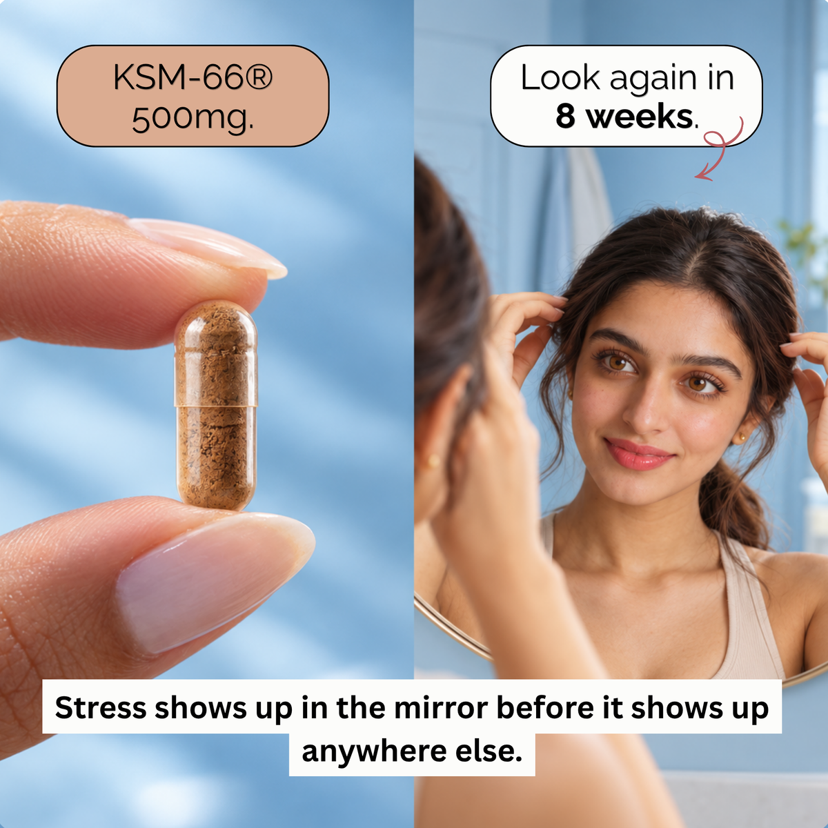 Wellproven Ashwagandha KSM-66 500mg capsule with premium Ashwagandha root extract, displayed beside a woman in a mirror, highlighting stress support and 8 week results.