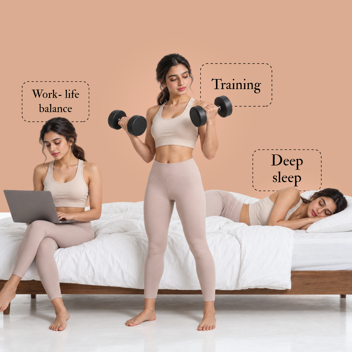 Wellproven Ashwagandha KSM-66 500mg lifestyle banner featuring women working, lifting dumbbells and sleeping, highlighting work-life balance, fitness training and deep sleep.