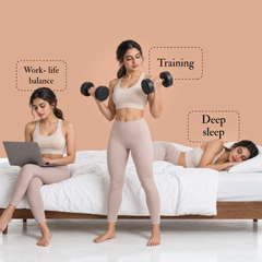 Wellproven Ashwagandha KSM-66 500mg lifestyle banner featuring women working, lifting dumbbells and sleeping, highlighting work-life balance, fitness training and deep sleep.