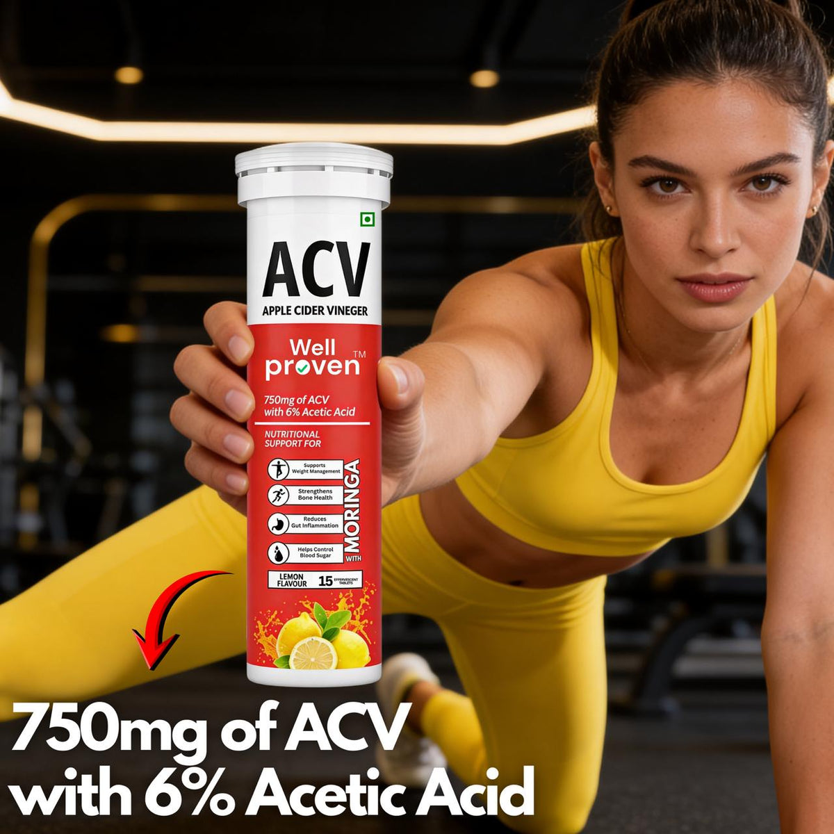 Wellproven ACV Moringa Apple Cider Vinegar effervescent tablets with 750mg ACV and 6% acetic acid, showcased by a fitness woman in gym wear.