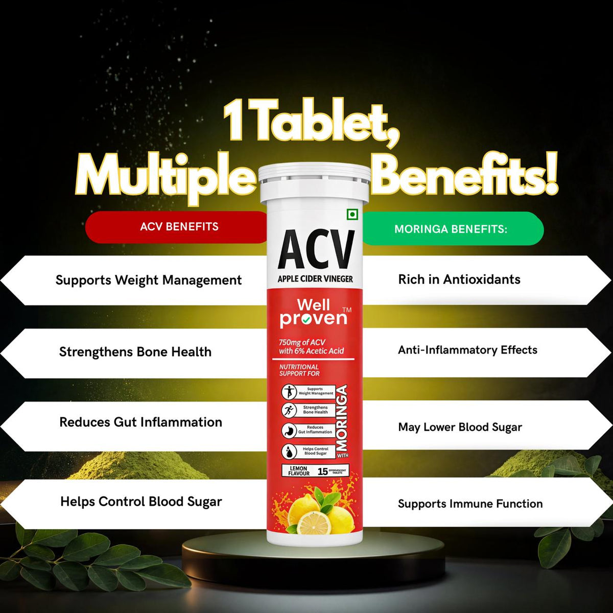 Wellproven ACV Moringa Apple Cider Vinegar effervescent tablets with 750mg ACV and 6% acetic acid, highlighting weight management, antioxidant and immune support.