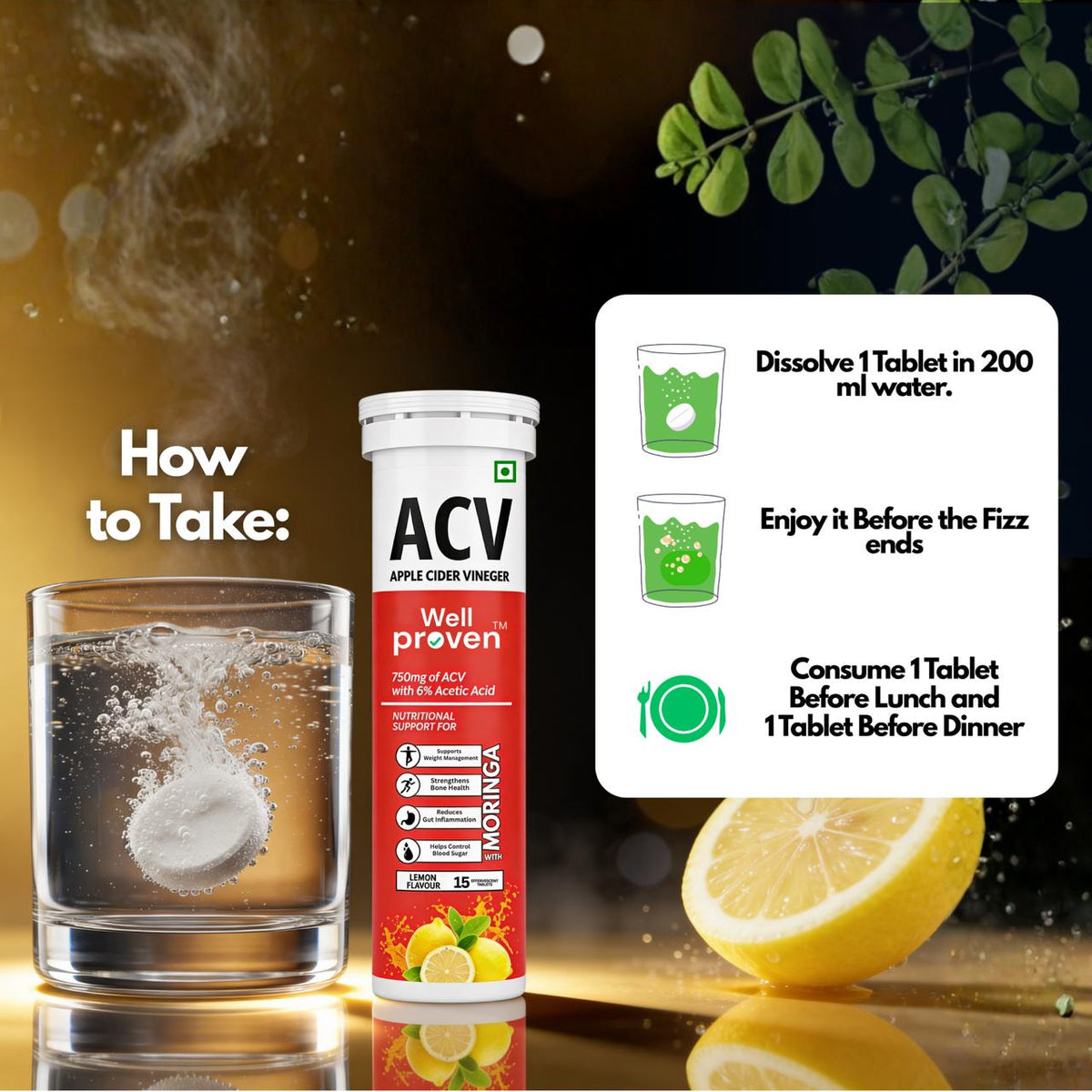 Wellproven ACV Moringa Apple Cider Vinegar effervescent tablets beside a glass of fizzing water, showing instructions to dissolve one tablet in 200ml before meals.