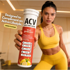 Wellproven ACV Moringa Apple cider vinegar effervescent tablets, 750mg ACV with 6% acetic acid and lemon flavor, held by a woman in activewear.