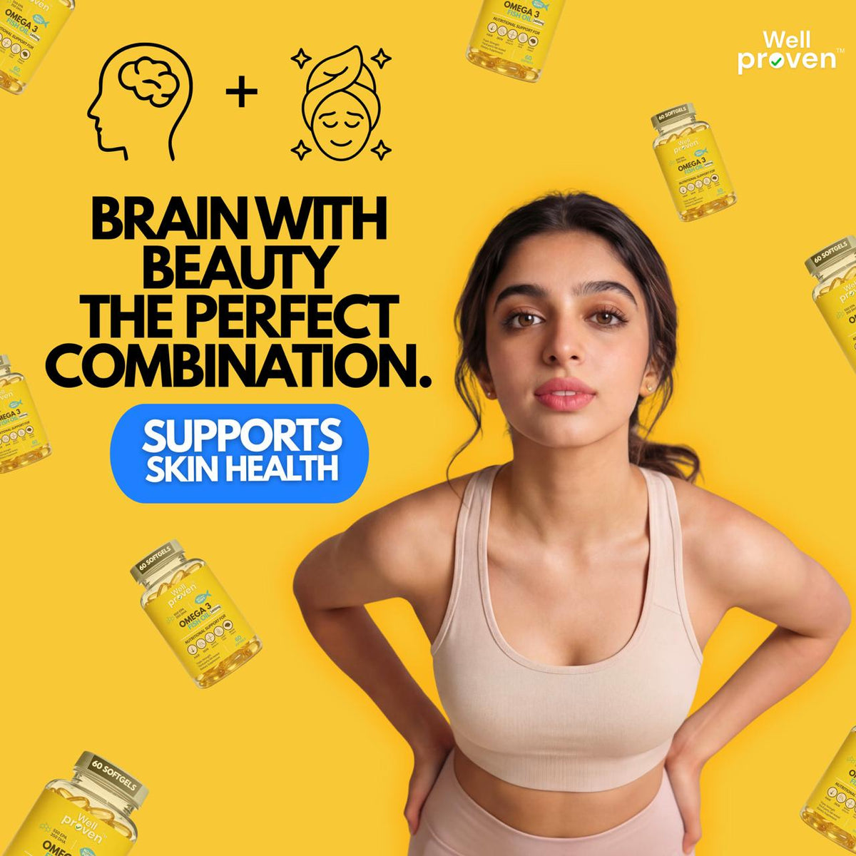Wellproven Omega 3 Fish Oil 1400mg with 550mg EPA and 350mg DHA, featuring a women, yellow supplement bottles and skin health supporting message.