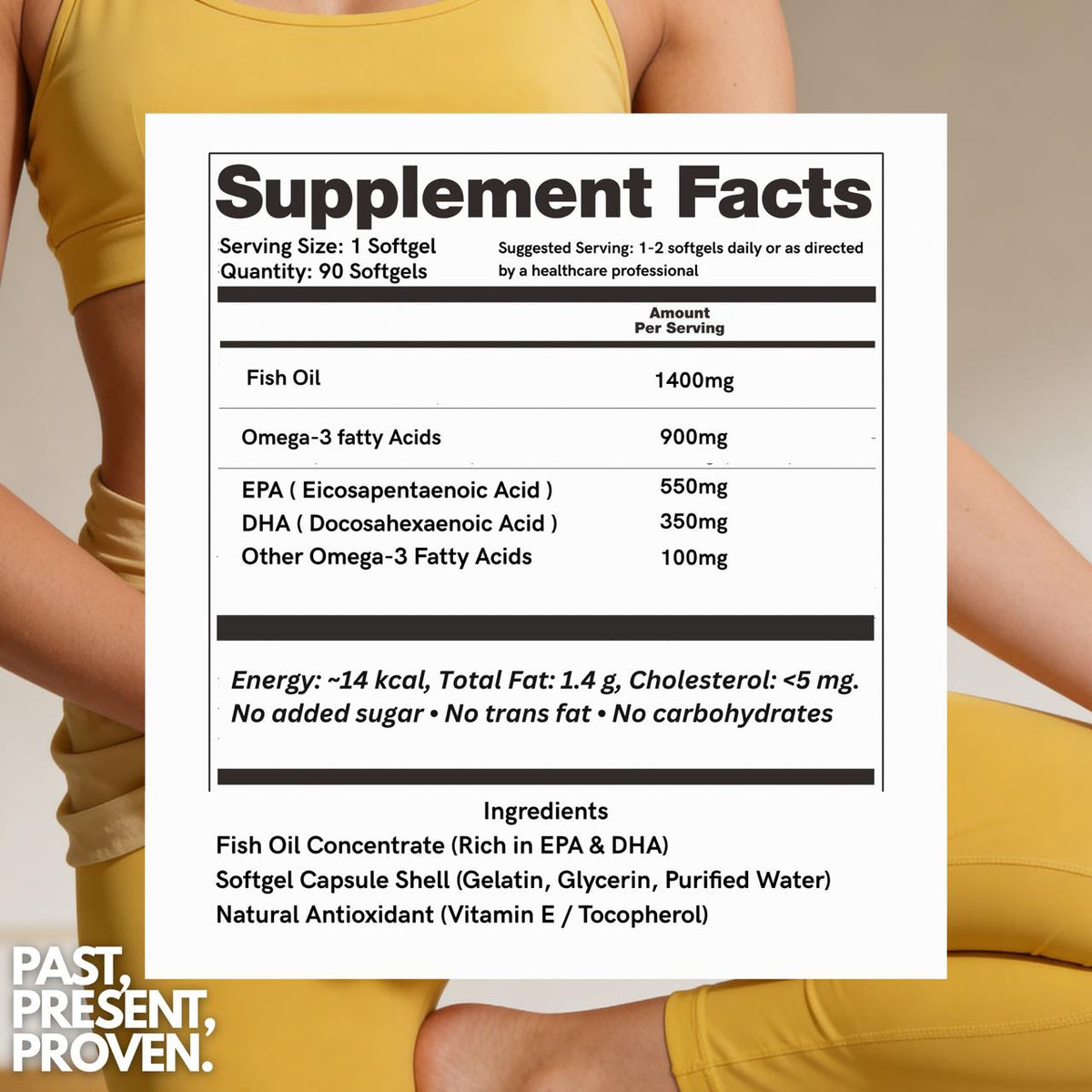 Wellproven Omega 3 Fish Oil Softgel 1400mg supplement facts label showing 550mg EPA, 350mg DHA, 900mg Omega-3 fatty acids and 60 softgels.