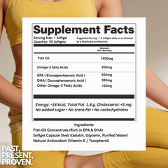 Wellproven Omega 3 Fish Oil Softgel 1400mg supplement facts label showing 550mg EPA, 350mg DHA, 900mg Omega-3 fatty acids and 60 softgels.