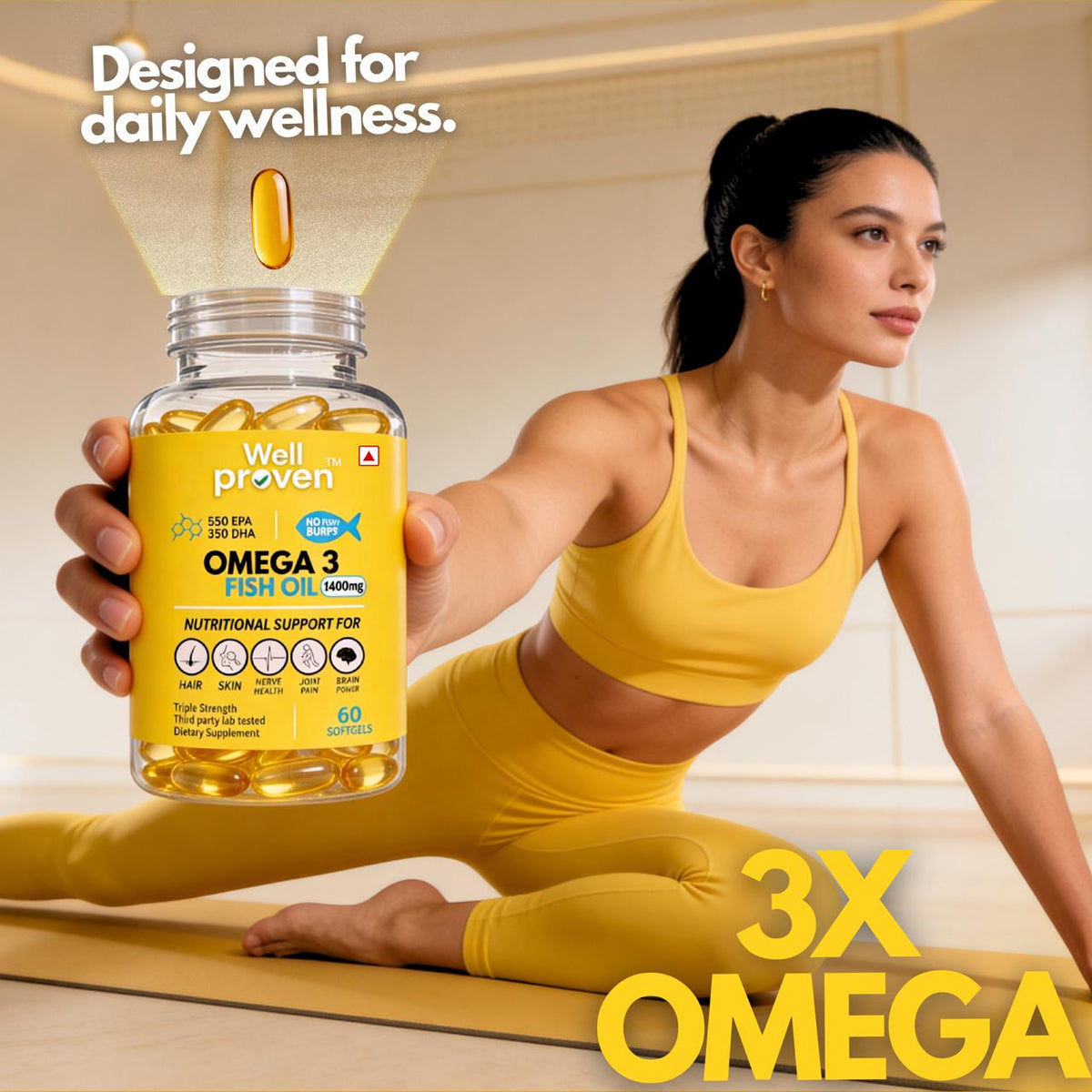 Wellproven Omega 3 Fish Oil Softgel 1400mg with 550mg EPA and 350mg DHA, 60 softgels, displayed beside a woman stretching in yellow activewear.