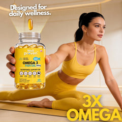 Wellproven Omega 3 Fish Oil Softgel 1400mg with 550mg EPA and 350mg DHA, 60 softgels, displayed beside a woman stretching in yellow activewear.
