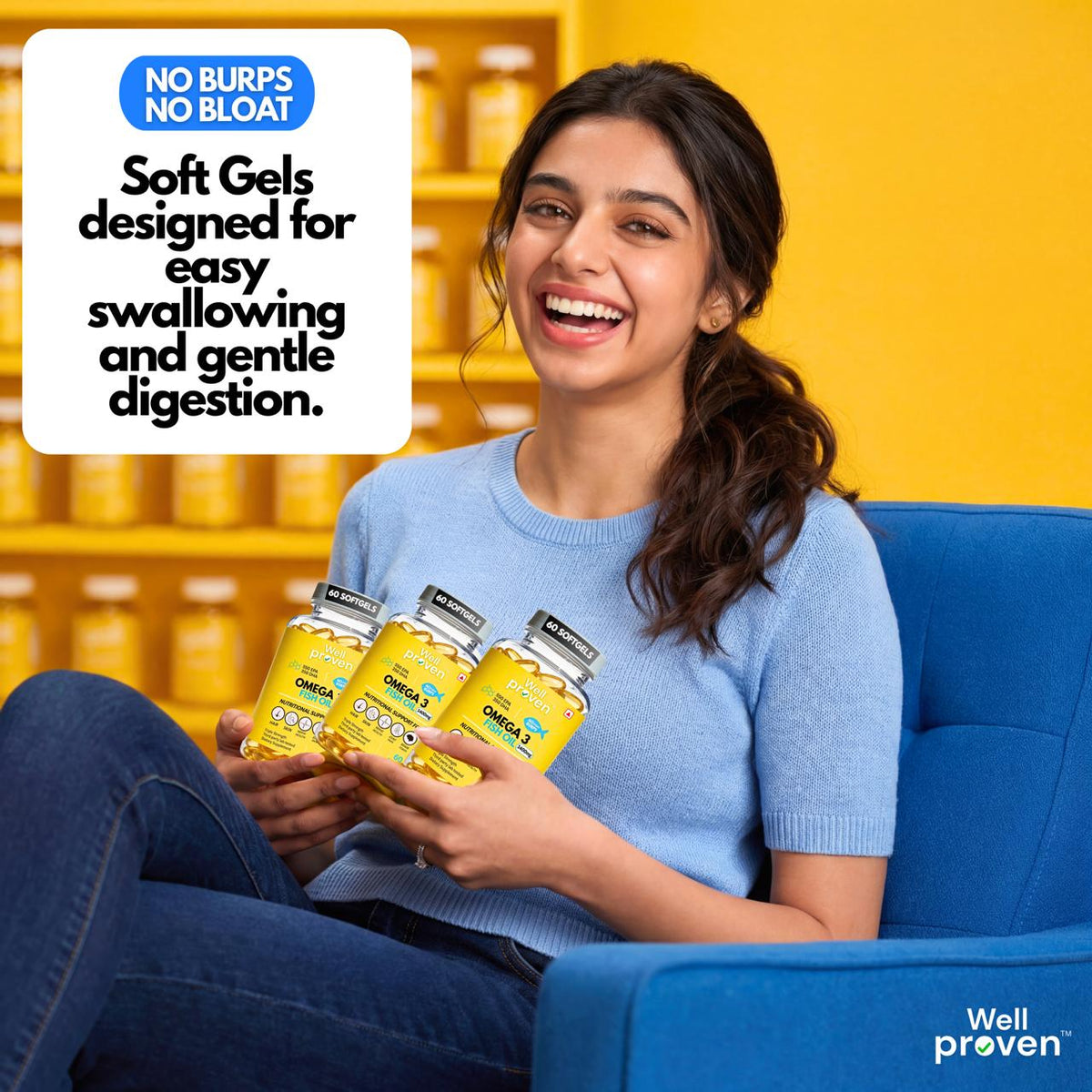 Wellproven Omega-3 Fish Oil Softgel supplement in yellow bottles held by a smiling woman, highlighting easy-to-swallow omega-3 softgel and no-burps, no-bloat messaging.