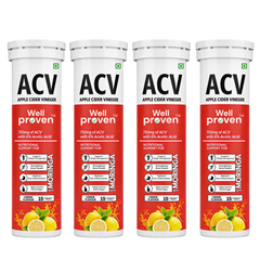 Wellproven Apple Cider Vinegar ACV effervescent tablet tubes with 750mg ACV, 6% acetic acid and lemon flavor, arranged on a white background.