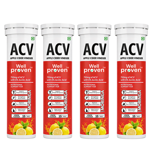 Wellproven Apple Cider Vinegar ACV effervescent tablet tubes with 750mg ACV, 6% acetic acid and lemon flavor, arranged on a white background.