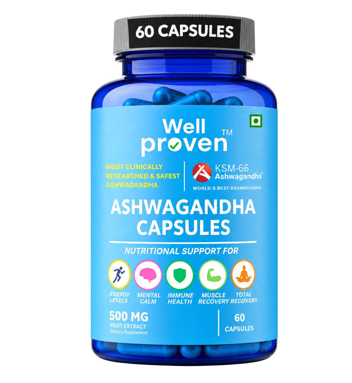 Wellproven Ashwagandha KSM66 Capsules, 500mg root extract supplement in a blue 60 capsule bottle, featuring energy, mental clarity, immune health and muscle recovery.