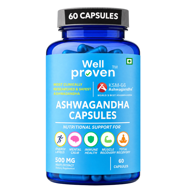 A blue Wellproven KSM-66 Ashwagandha bottle with a black cap marked "60 Capsules" displays 500mg root-only extract. The label highlights energy, mental calm, immune health and muscle recovery. This daily wellness supplement is marketed for stress management, calmness, mental peace and supporting healthy cortisol levels.