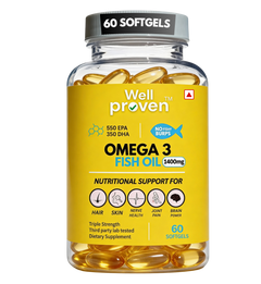 Transparent bottle of Wellproven Fish Oil Capsules containing 60 Softgels, with a dark cap. It's yellow label displays 1400mg fish oil, 550mg EPA and 350mg DHA, presenting Wellproven Omega 3 Supplements, Wellproven EPA DHA Capsules, Wellproven High Strength Fish Oil, Wellproven Omega 3 Softgels and Wellproven Triple Strength Omega 3.