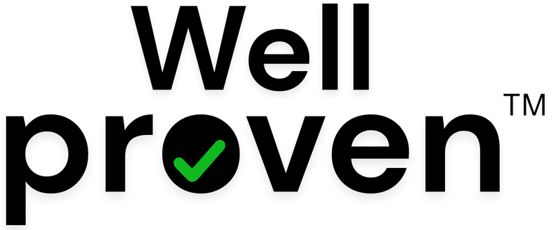 The 'Well proven' logo in black text with a green checkmark inside a black circle, set against a plain white background.